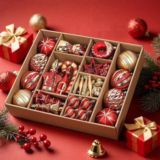 SHareconn 70pcs 2025 Classic Christmas Balls Ornaments Set, Shatterproof Plastic Baubles, Ribbon and Tree Topper for Xmas Tree Holiday Wedding Party Decorations with Hanging Strings, Red and Gold