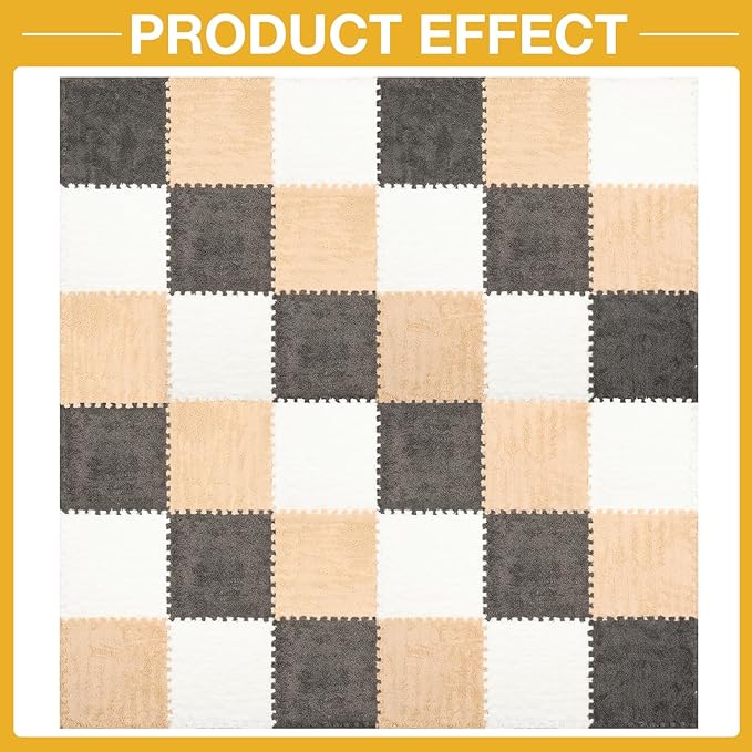 36 Pcs Plush Interlocking Carpet Tiles for Toddler Baby - Non-Toxic, Machine-Washable, Anti-Slip EVA Foam Tiles - Grey, White, Light Brown