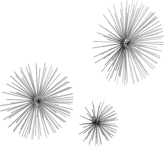CosmoLiving by Cosmopolitan Metal Starburst Home Wall Decor 3D Wall Sculpture, Set of 3 Wall Art 6", 9", 11"W, Silver
