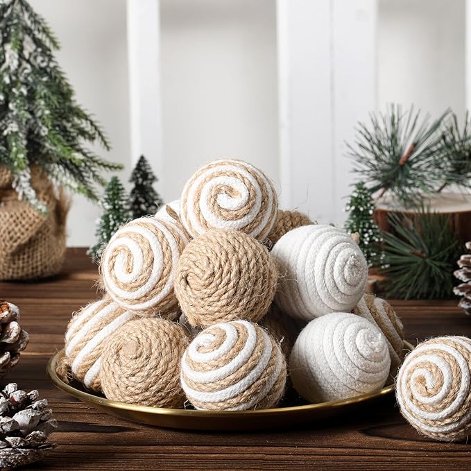 Syhood 18 Pcs 1.57 Inch Christmas Ball Ornaments Boho Farmhouse Jute Rope Hanging Balls Burlap Neutral Rustic Ornaments for Xmas Tree Holiday Wreath Garland Wedding Home