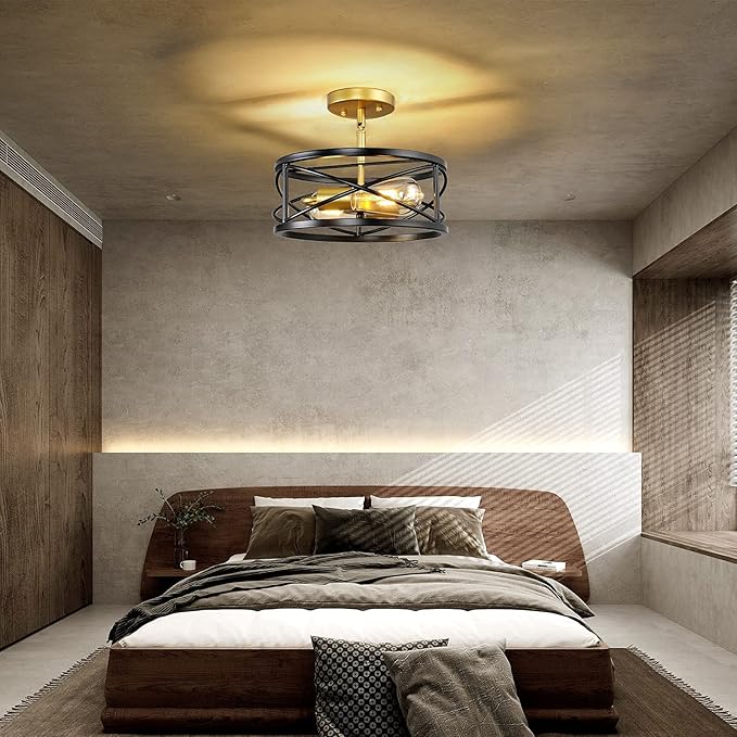 Semi Flush Mount Ceiling Light Fixtures, 2-Light Modern Kitchen Ceiling Light Farmhouse Industrial Sloped Ceiling Lighting with for Metal Drum Cage Hallway Bedroom Stair, Black and Gold