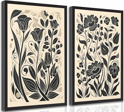 2 Pcs Boho Abstract Floral Canvas Wall Art Modern Minimalist Neutral Beige and Black Floral Botanical Wall Decor Poster Print Artwork for Living Room Bedroom Office Home Decoration Unframed