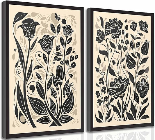 2 Pcs Boho Abstract Floral Canvas Wall Art Modern Minimalist Neutral Beige and Black Floral Botanical Wall Decor Poster Print Artwork for Living Room Bedroom Office Home Decoration Unframed