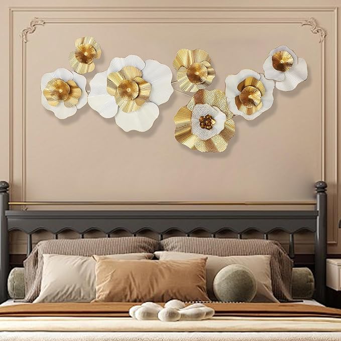 Metal Wall Art, White Gold Abstract Wall Decorations Metal Wall Decor, Modern Metal Wall Sculptures,Large 3D Vertical 49"*25" Flower Wall Decor for Living Room Dining Room Bedroom Wall Hanging Decor