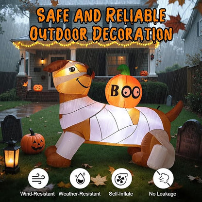 Dawdix 5FT Halloween Inflatables Mummy Dog Outdoor Decoration, Funny Blow Up Puppy Wrapped in Toilet Paper with Boo Pumpkin, Lighted Yard Dachshund Decor, Halloween Blow Up for Lawn, Garden, Porch