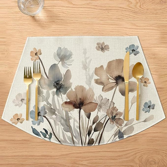 Artoid Mode Brown Poppy Floral Round Table Wedge Placemats Set of 6, Seasonal Winter Kitchen Dining Table Decoration for Indoor Party Home