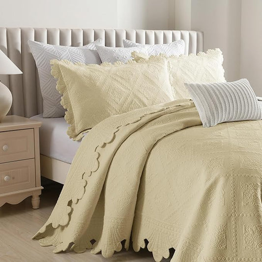MarCielo 3-Piece 100% Cotton Oversized Bedspread Lightweight Quilt Coverlet Embroidery Farmhouse Bedding Set (Tk Beige Khaki, Oversized King (118"x106"))