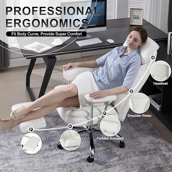 Big and Tall Office Chair, Ergonomic Leather High Back Executive Computer Desk Chair with Retractable Footrest and Padded Arms, 360°Swivel Free, 90-135°Reclining, 500lbs Wide Seat, White