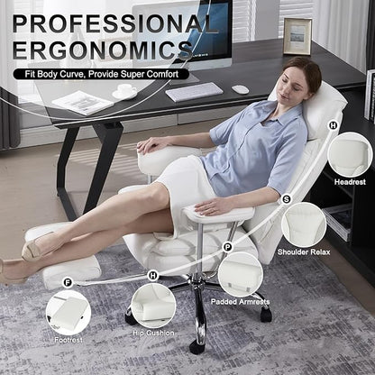 Big and Tall Office Chair, Ergonomic Leather High Back Executive Computer Desk Chair with Retractable Footrest and Padded Arms, 360°Swivel Free, 90-135°Reclining, 500lbs Wide Seat, White