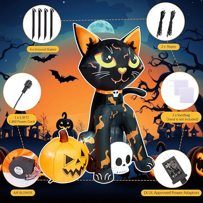 CAMULAND 5FT Halloween Decorations Outdoor,Halloween Inflatable Blow Up Black Cat and Pumpkin Decor with Built-in LED Lights Trick or Treat for Indoor Lawns Yards Party Home