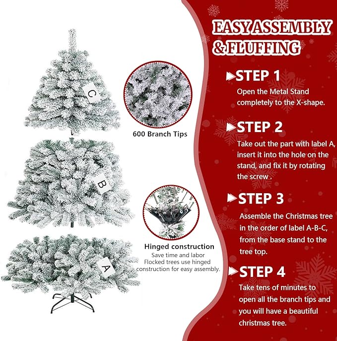 5ft Flocked Artificial Christmas Tree, Arbol de Navidad with 600 Branch Tips, Fake Christmas Tree, Premium Spruce Xmas Tree with Fold-Able Metal Base Stand