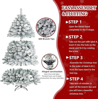 5ft Flocked Artificial Christmas Tree, Arbol de Navidad with 600 Branch Tips, Fake Christmas Tree, Premium Spruce Xmas Tree with Fold-Able Metal Base Stand