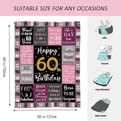 60th Birthday Gifts for Women, 60th Birthday Gift Ideas, 60th Birthday Gifts Blanket 50"X60", Gifts for 60 Year Old Woman, 60th Birthday Decorations, 60 Year Old Birthday Gifts for Women