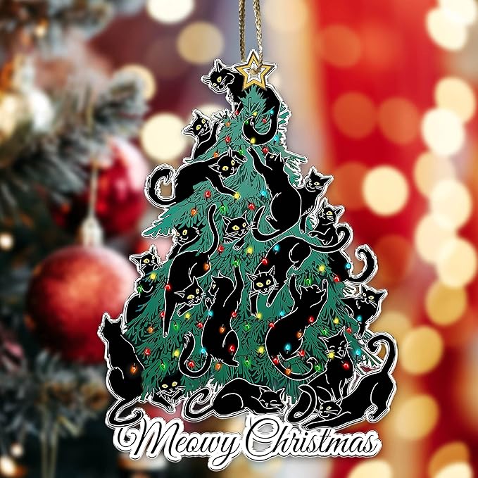 Black Cat Christmas Ornaments - Black Cat Xmas Decor Tree Hanging - 2024 Black Kitten Christmas Ornament (Meowy Christmas)