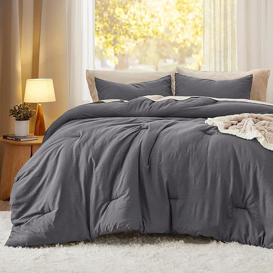 Bedsure King Size Comforter Set, Dark Grey Soft Prewashed Bedding for All Seasons, 3 Pieces GentleSoft™ Warm Down Alternative Bed Set, 1 Lightweight Comforter (104"x90") and 2 Pillowcases (20"x36")