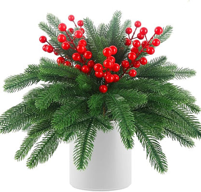 HOHOTIME 6 Pcs Christmas Pine Picks, Artificial Norfolk Pine Branches with Berry Stems, 17 inch Christmas Greenery Fake Foliage Pines Needles Picks for DIY Craft Xmas Decor Home Indoor Decoration
