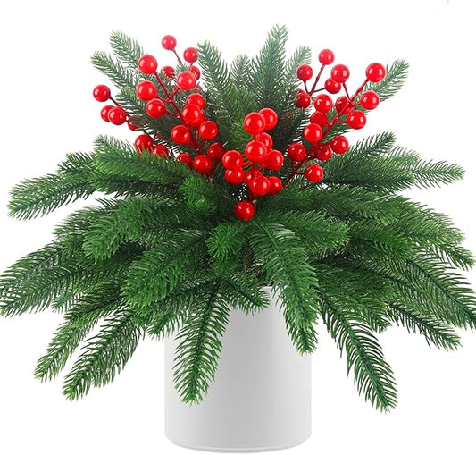 HOHOTIME 6 Pcs Christmas Pine Picks, Artificial Norfolk Pine Branches with Berry Stems, 17 inch Christmas Greenery Fake Foliage Pines Needles Picks for DIY Craft Xmas Decor Home Indoor Decoration