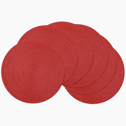 SHACOS Round Placemats Set of 6 Woven Braided Polyester 15 inch Circle Placemat for Dining Tables Kitchen Table Mats Washable for Christmas Home Wedding Party Table Decor (Red, 6)