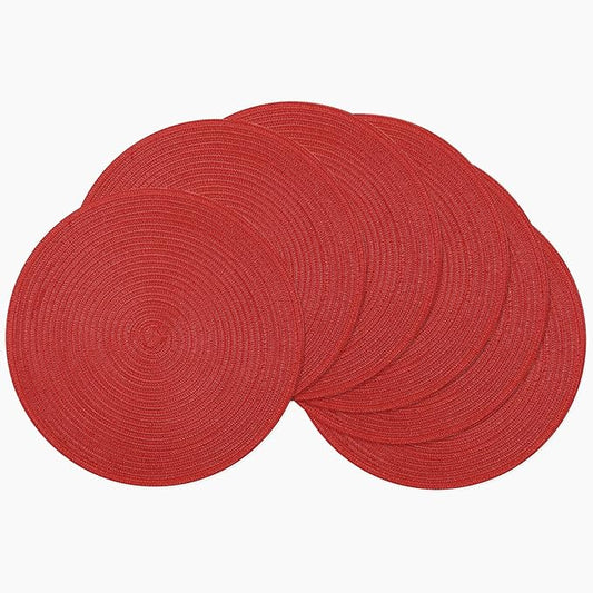 SHACOS Round Placemats Set of 6 Woven Braided Polyester 15 inch Circle Placemat for Dining Tables Kitchen Table Mats Washable for Christmas Home Wedding Party Table Decor (Red, 6)