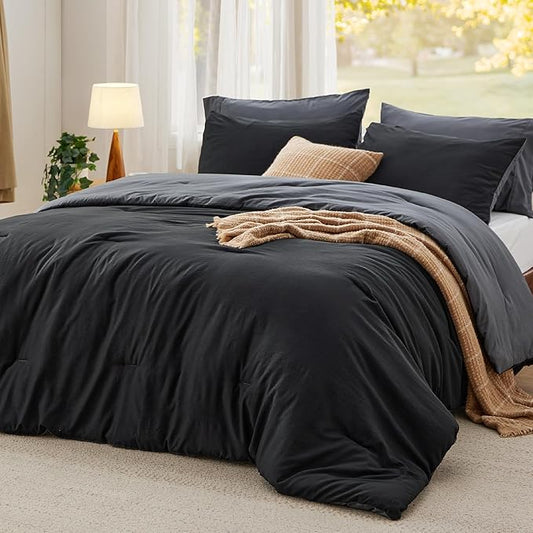Bedsure California King Comforter Set, Reversible Black Soft Prewashed Bedding for All Seasons, 3 Pieces Warm Down Alternative Bed Set, 1 Lightweight Comforter (104"x96") and 2 Pillowcases (20"x36")