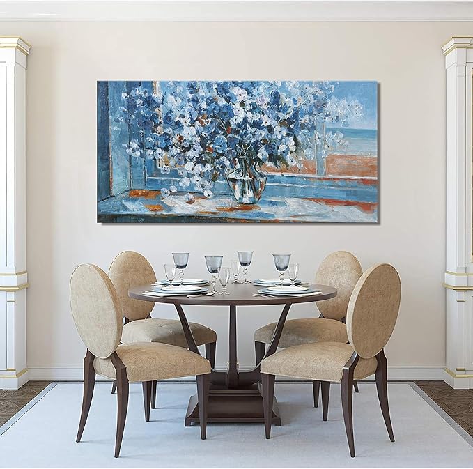 Flower Wall Art Blue Floral Wall Decor Pictures Wall Decor Canvas Prints Artwork Suitable For Living Room, Kitchen, Office And Bedroom Can Be Hung Directly 24x48 Inch