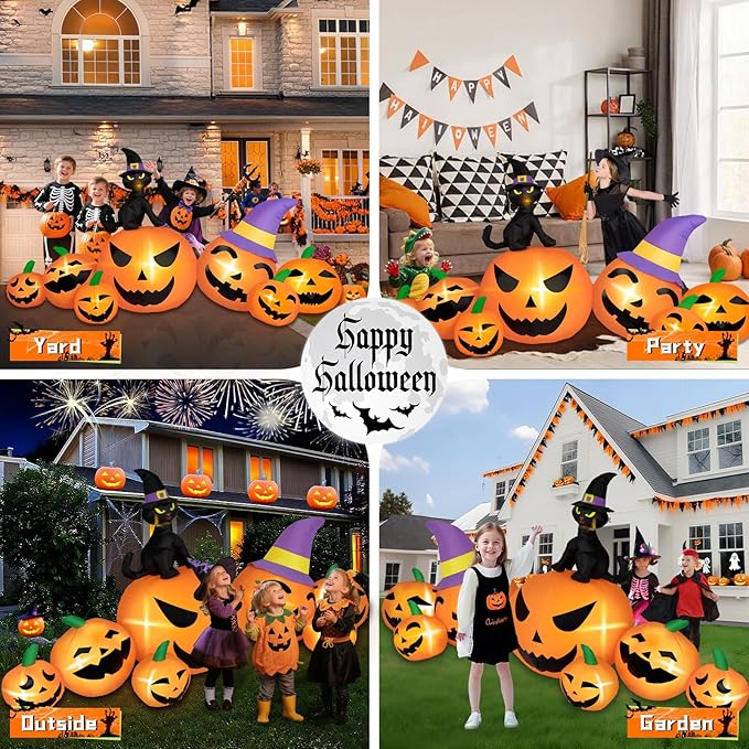 8FT Long Halloween Inflatables Pumpkin Outdoor Decorations, 7 Blow Up Pumpkins Inflatables with Witch Hat & Black Cat Built-in LED Lights for Halloween Party Yard Garden Lawn Decorations