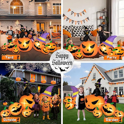 8FT Long Halloween Inflatables Pumpkin Outdoor Decorations, 7 Blow Up Pumpkins Inflatables with Witch Hat & Black Cat Built-in LED Lights for Halloween Party Yard Garden Lawn Decorations