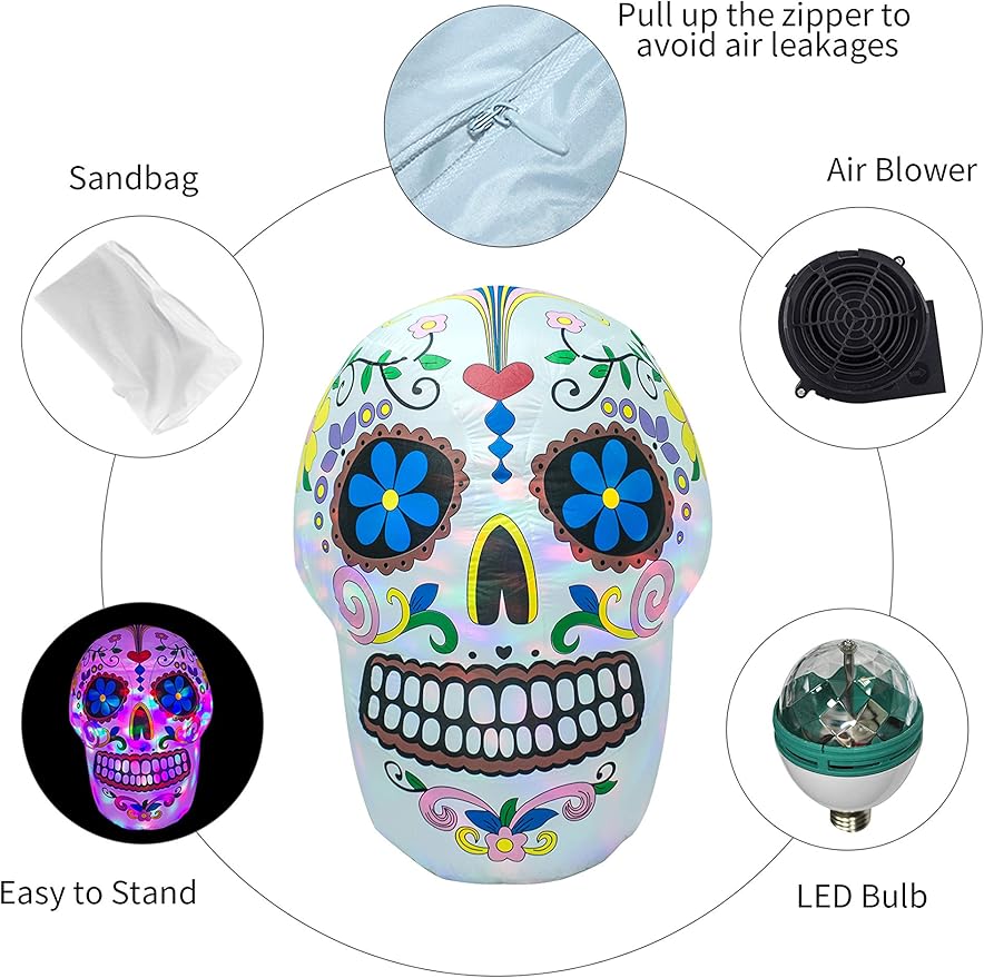AJY 4 Feet Colorful Skull Halloween Inflatable Skull LED Lights Decor Outdoor Indoor Holiday Decorations Blow up Lighted Yard Decor Lawn Inflatable Home Garden Party Favor Decoration