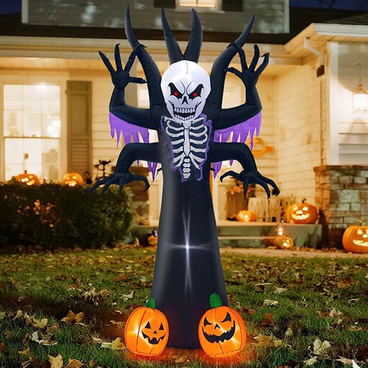 8FT Halloween Tree Inflatable Decoration- Blow Up Yard Skeleton Ghost Tree with 2 Pumpkin Faces with Build-in LED Lights for Home Halloween Party Garden Lawn Indoor Outdoor Decor