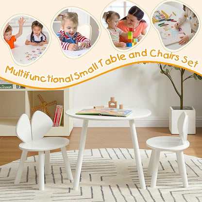 VECELO Kids Table and Chair Set, Oval Table with 2 Bunny Ear Chairs, Perfect for Toddlers Playing and Activities, Snow White
