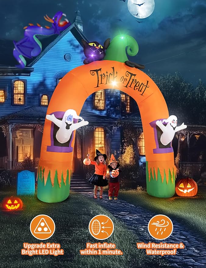 10FT Large Halloween Inflatable Archway Decoration, Halloween Blow Up Lighted Archway with Ghost & Black Cat & Cornucopia, Trick & Treat Yard Garden Patio Lawn Outside Decor