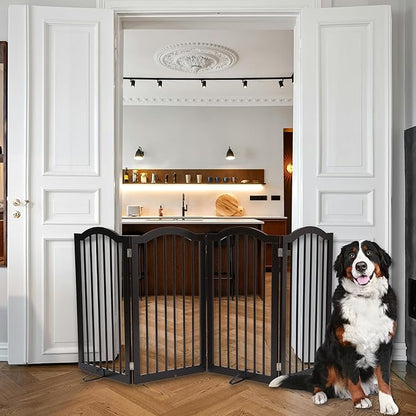 INTERNET'S BEST Arched Top Dog Gate with Support Feet | 4 Panel, 36" H Wooden Pet Barrier for Dogs or Cats | Freestanding Folding Gates for Doorways, Hallways, Stairs| Portable, Extra Wide | Espresso