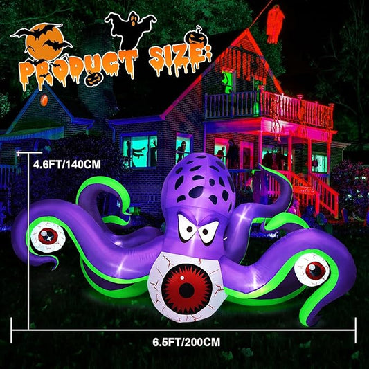 Camuland 6.5Ft Long Halloween Inflatables Giant Octopus Purple LED Light Blow up Halloween Decor Inflatable Outdoor Halloween Decorations for Holiday Party Yard Lawn