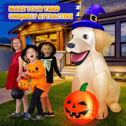 5Ft Halloween Inflatables Decorations Outdoor Vivid Lab Dog with Build-in Bright LED Blow Up Yard Decoration with Witch Hat Halloween Decorations Outdoor for Holiday Party Indoor Garden Lawn Home