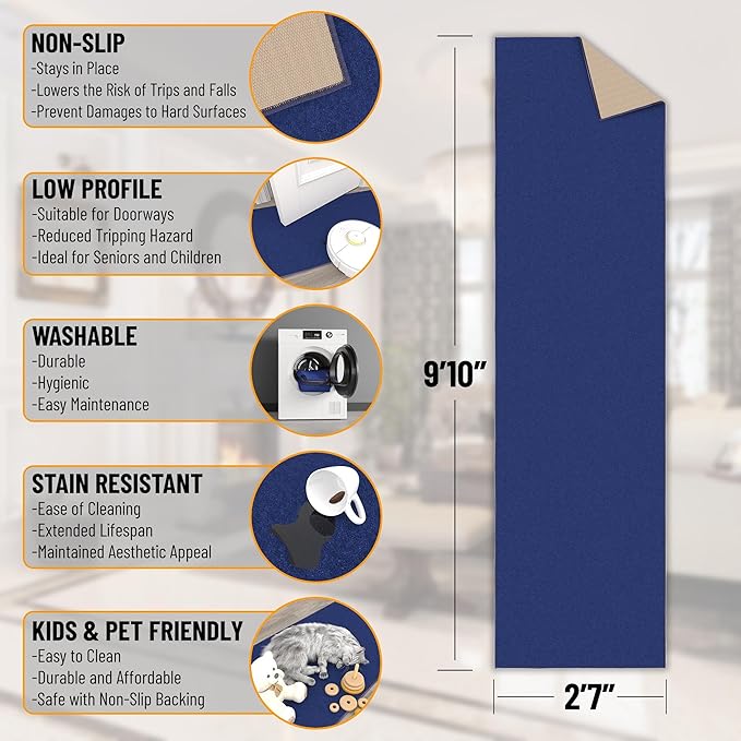 Machine Washable Modern Solid Design Non-Slip Rubberback 3x10 Traditional Runner Rug for Hallway, Kitchen, Bedroom, Living Room, 2'7" x 9'10", Navy
