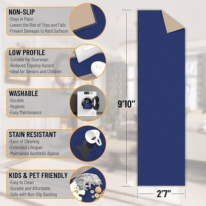 Machine Washable Modern Solid Design Non-Slip Rubberback 3x10 Traditional Runner Rug for Hallway, Kitchen, Bedroom, Living Room, 2'7" x 9'10", Navy