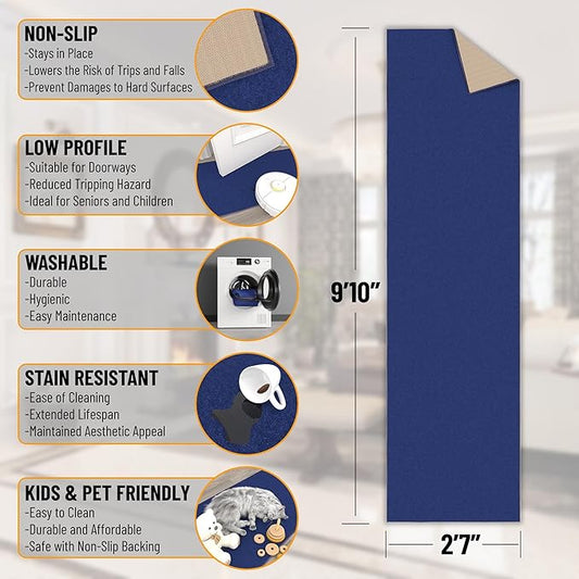 Machine Washable Modern Solid Design Non-Slip Rubberback 3x10 Traditional Runner Rug for Hallway, Kitchen, Bedroom, Living Room, 2'7" x 9'10", Navy