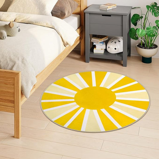 Lahome Round Area Rug - 3Ft Washable Round Bathroom Rug Non-Slip Small Circle Rug for Bedroom Throw Soft Cute Kids Nursery Rug, Boho Rainbow Sun Print Round Mat for Sofa Living Room (3'x3', Yellow)