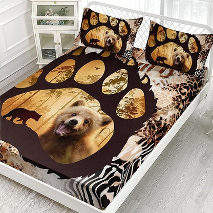 AILONEN Cute Bear Twin Fitted Sheet Set for Girls Boys, Bear Paw Sheet Leopard Print Fitted Sheet with 2 Pillowcases,3 Pieces Rustic Vintage Bear Bed Sheet Set