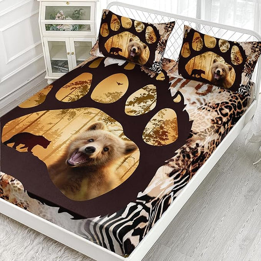 AILONEN Cute Bear Twin Fitted Sheet Set for Girls Boys, Bear Paw Sheet Leopard Print Fitted Sheet with 2 Pillowcases,3 Pieces Rustic Vintage Bear Bed Sheet Set