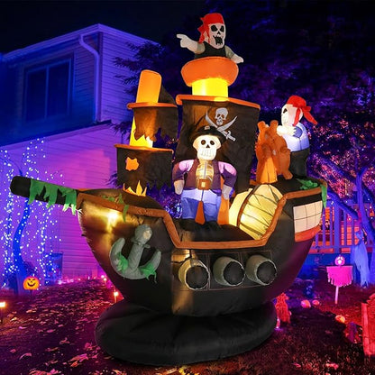 VCUTEKA 7FT Halloween Inflatable Skeletons Ghosts on Pirate Ship Outdoor Decoration, Blow Up Decor with LED Lights for Holiday Party Yard Lawn Inflatables Home Family Outside