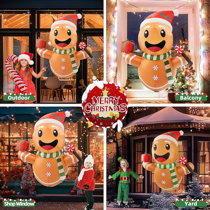 B&D 4FT Christmas Inflatables Gingerbread Man Lean Out from Window Outdoor Decorations, Christmas Window Inflatable Gingerbread Blow Up Yard Decorations Built-in LED Lights for Indoor Lawn Yard Garden