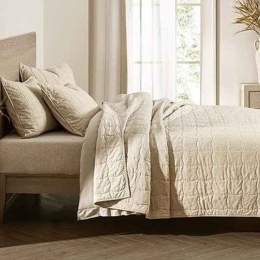 Wonderful Natural Linen Cotton Quilt Set Queen Size, 100% Cotton Back and Filling, 3 Piece Pre-Washed Beige Bedding Cover, Wavy Box Stitched Bedspread Coverlet Bedding Set All Seasons, 94"x94"