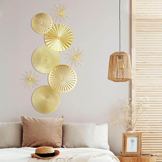 8 Pcs Gold Wall Decor Modern Metal Decor Metal Starbursts Radial Plate Art Hanging Decorative Wall Decorations for Home Bedroom Bathroom Living Room Office Sculpture(Gold)