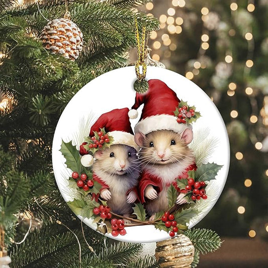 Cute Mouse Ornament Round Ceramic Ornament Xmas Keepsake for Christmas Tree Winter Holiday Xmas Gift for Women Men Xmas Hanging Ornament 3"
