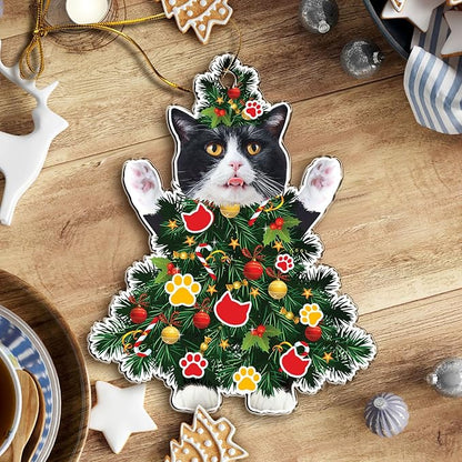 Tuxedo Cat Christmas Ornament - Adorable Cat Dressed as a Tree - Black and White Festive Holiday Decoration