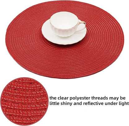 SHACOS Round Placemats Set of 6 Woven Braided Polyester 15 inch Circle Placemat for Dining Tables Kitchen Table Mats Washable for Christmas Home Wedding Party Table Decor (Red, 6)