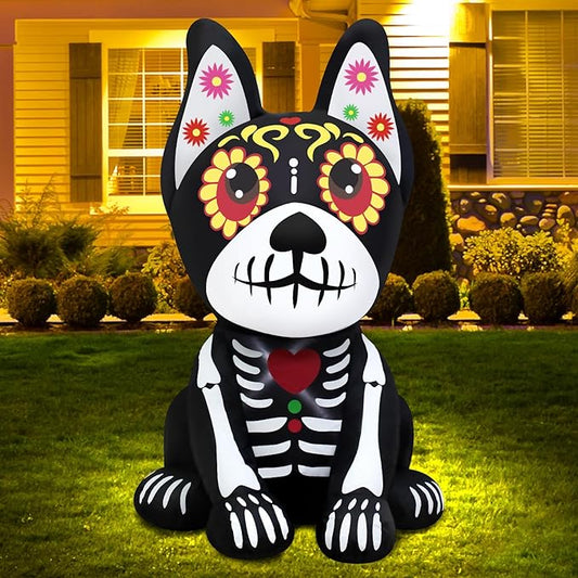 4FT Halloween Inflatables Dia de Los Muertos Dog Outdoor Decorations Blow Up Yard Colorful Skull Dog with Built-in LEDs for Indoor Party Garden Lawn Decor