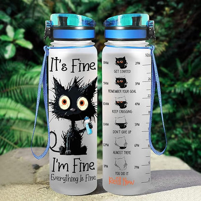 Cat Gifts, Black Cat Water Bottle 32 oz with Time Marker, It's Fine I'm Fine Cat Bottle, Cat Gifts for Cat Lovers, Crazy Cat Gifts, Gifts for Halloween