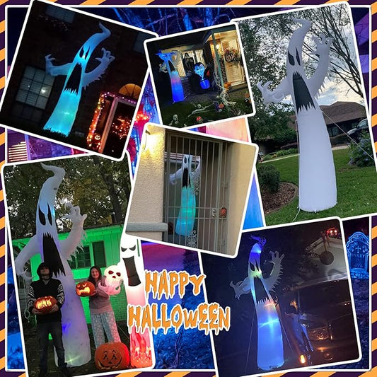12 Ft Halloween Inflatables Terrible Ghost Decoration with Flash Color Changing Light Blow Up Decor Indoor Outdoor Yard Lawn Decorations